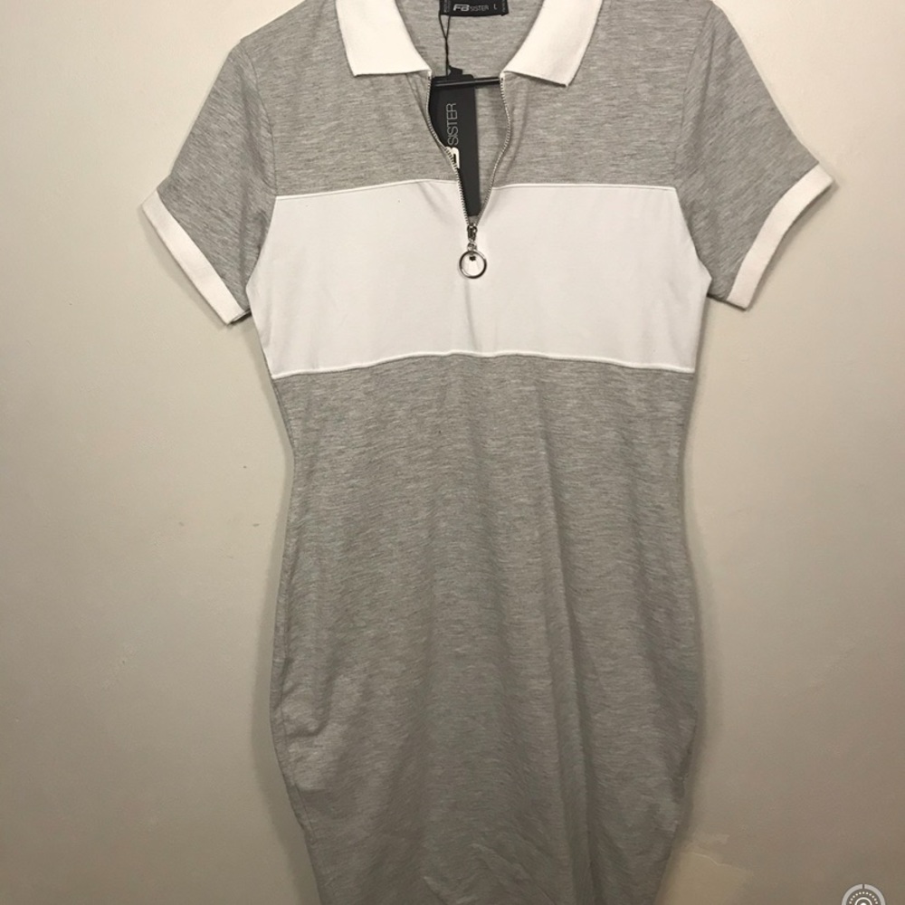 grey and white dress